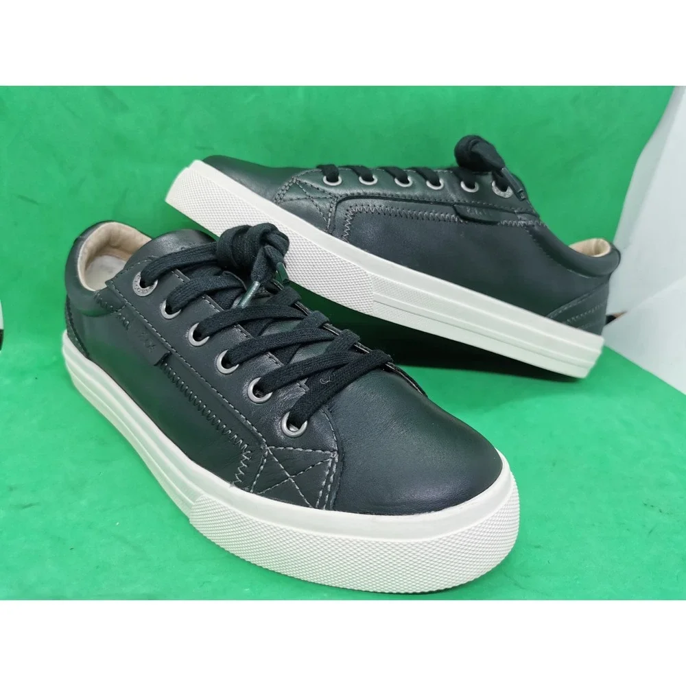 Taos Plim Soul Lux Black Leather Sneakers Womens Size 8.5 Low Top Lace Up Shoes